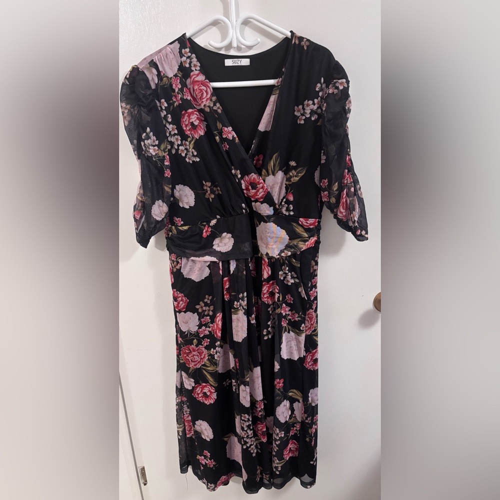 Floral Black and Pink Wrap Dress